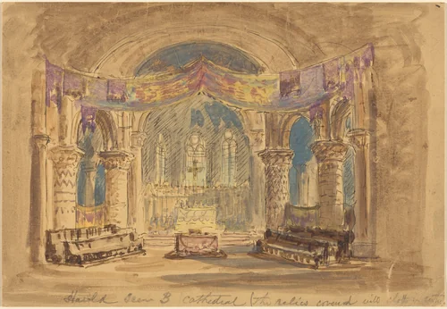 "Harold Scene 3 Cathedral (The relics covered with cloth at centre)" by Robert Caney, drawing, 1552-1615