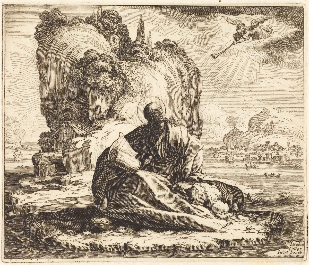 Saint John on the Isle of Patmos by Jacques Callot, print, 1625
