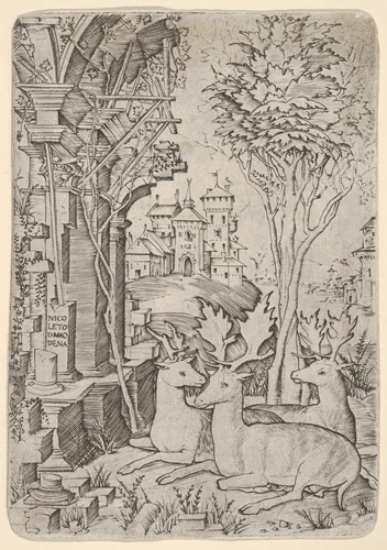 Three Stags, sitting in the ground, buildings in background by Nicoletto da Modena, print, 1495-1505