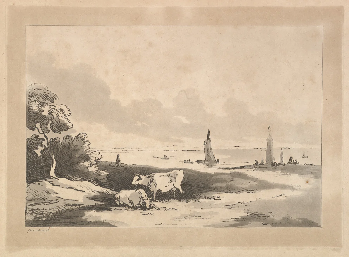 Shore scene with cattle, boats in shallow water behind, or, Cattle, River side by Thomas Rowlandson, print, 1783-1789