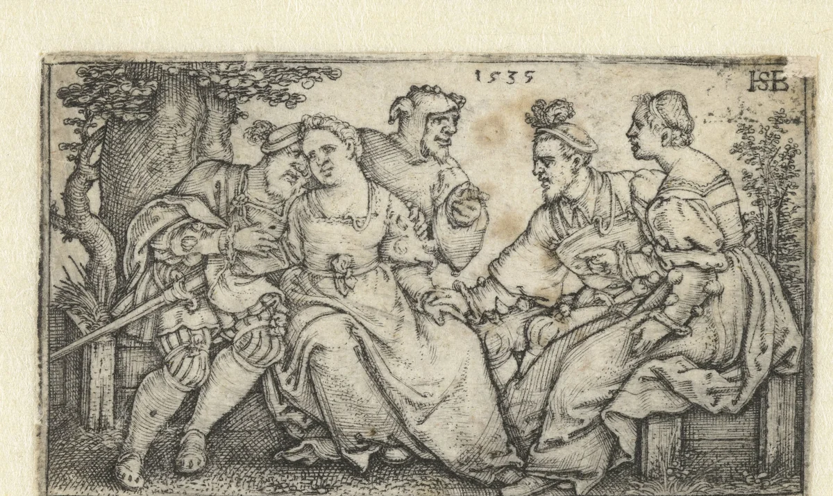 Twee liefdesparen en een nar by Unknown, print, 1535