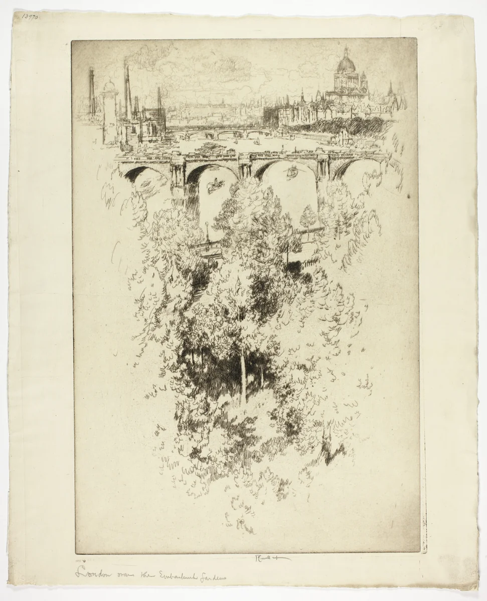 Over Waterloo Bridge, Church and Work by Joseph Pennell, print, 1910