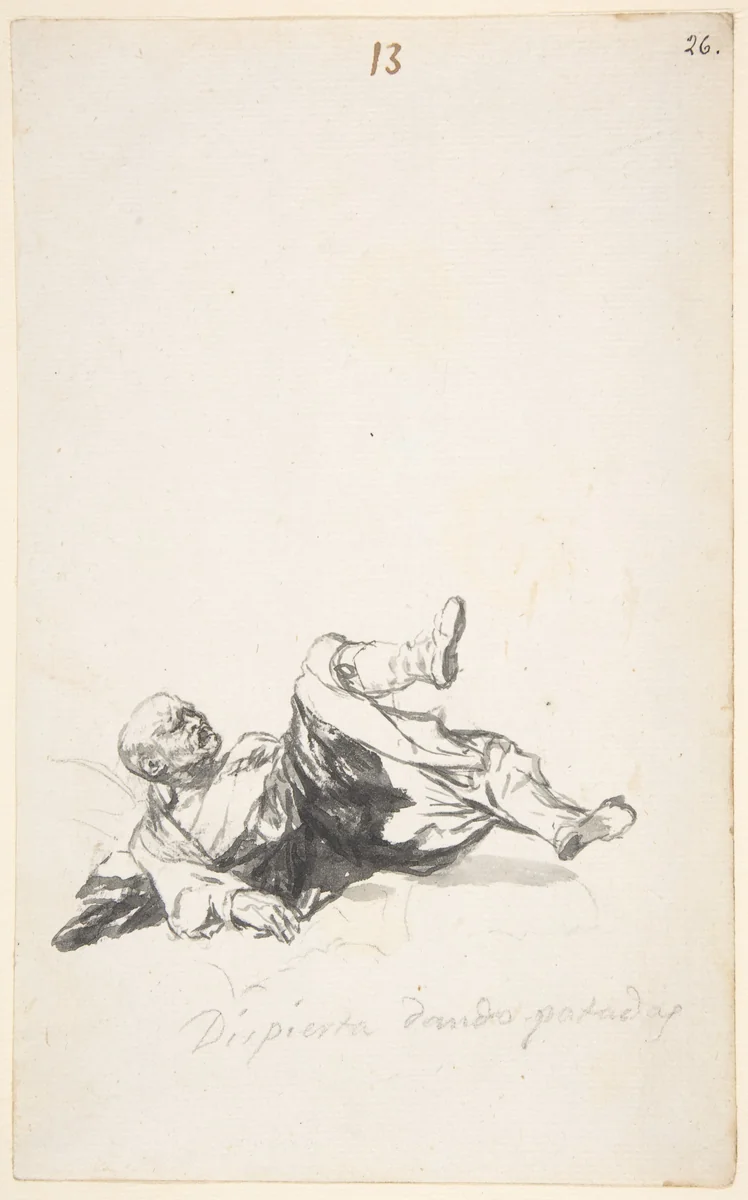 He Wakes Up Kicking; a man on the floor kicking his legs after waking from a nightmare; page 13 from the "Witches and Old Women" Album (D) by Goya, drawing, 1814-1824