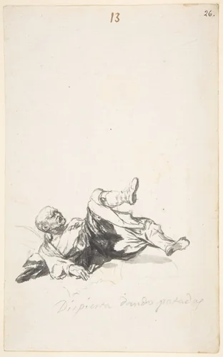 He Wakes Up Kicking; a man on the floor kicking his legs after waking from a nightmare; page 13 from the "Witches and Old Women" Album (D) by Goya, drawing, 1814-1824