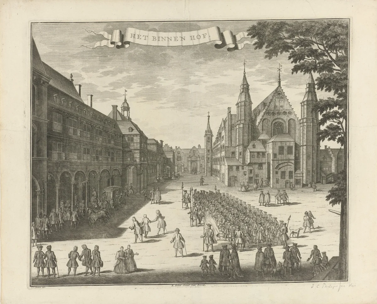 Gezicht op het Binnenhof te Den Haag by anonymous, print, 1730-1736