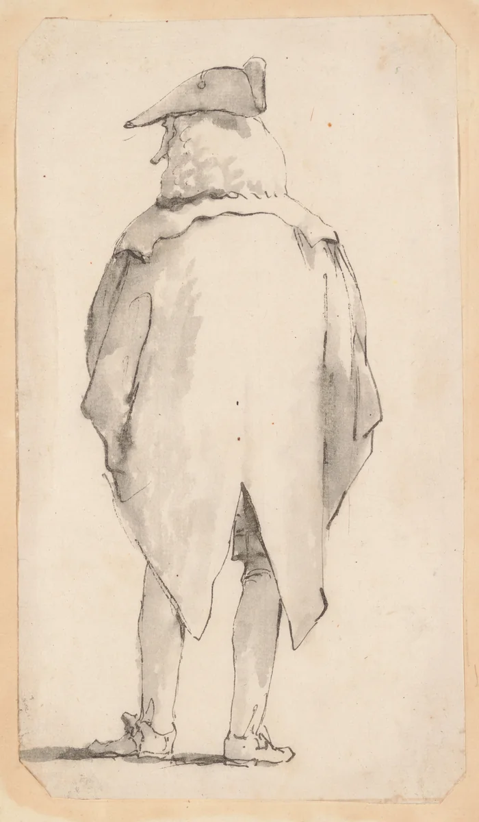 Caricature of a Man Wearing a Wig and a Tricorne, Seen from Behind by Giovanni Battista Tiepolo, drawing, 1755-1765
