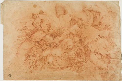 Allegorical Figures Holding the Papal Insignia, study after the Allegory of Divine Providence in Palazzo Barberini in Rome by Luca Giordano
Pietro da Cortona, drawing, 1645-1655