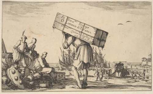 Title page: a man carrying a case on his back in center, three men looking towards him on left, Medici coat of arms on ground to left, various boats and figures to right in the background, from "Set of eight nautical landscapes" (Suite de huit Marines) by Stefano della Bella, print, 1639