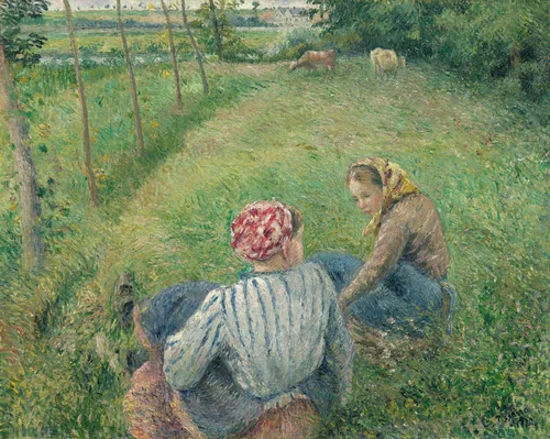 Young Peasant Girls Resting in the Fields near Pontoise by Camille Pissarro, painting, 1882