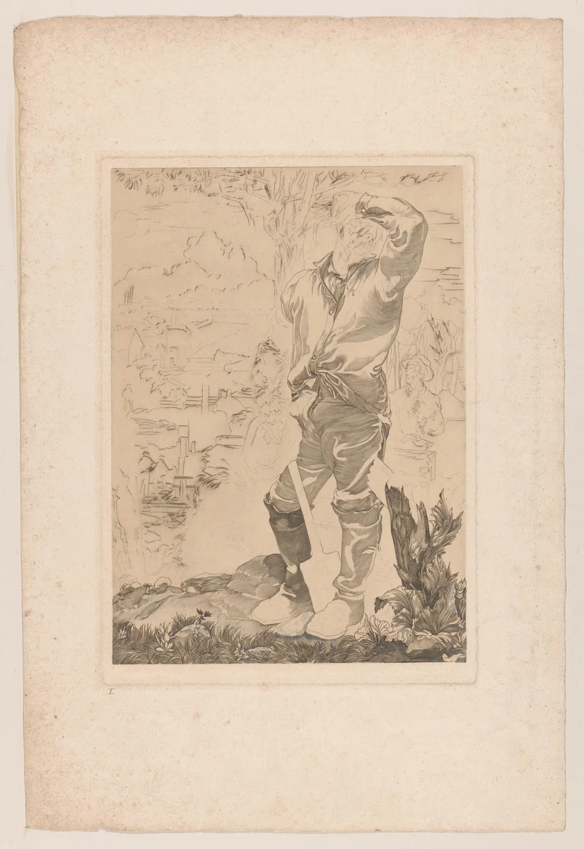 Arbeider die zweet van zijn voorhoofd veegt by Johannes Josephus Aarts, print, 1881-1934