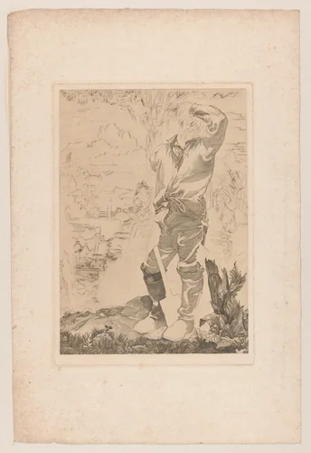 Arbeider die zweet van zijn voorhoofd veegt by Johannes Josephus Aarts, print, 1881-1934