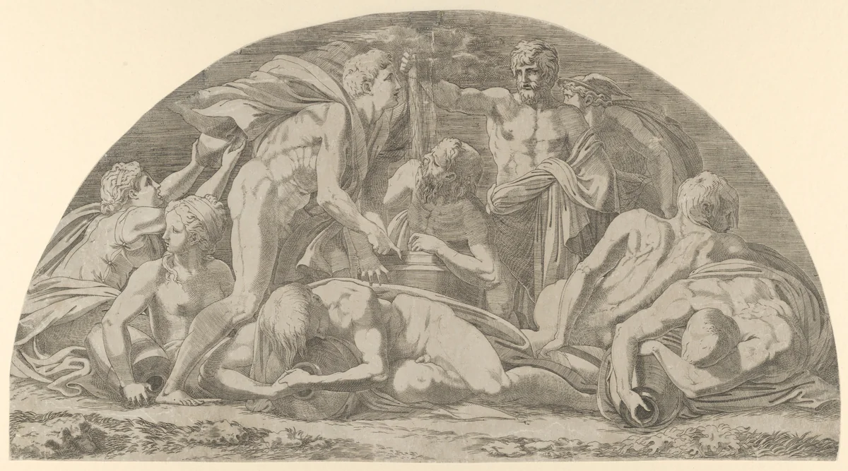 Jupiter Pressing the Stormclouds by Léon Davent, print, 1540-1556