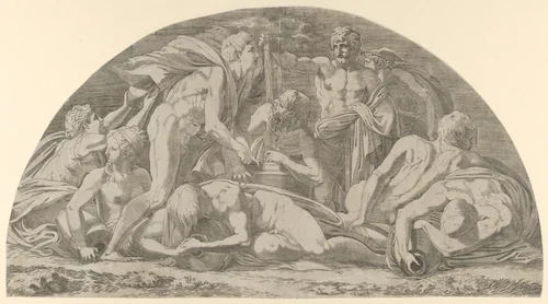 Jupiter Pressing the Stormclouds by Léon Davent, print, 1540-1556