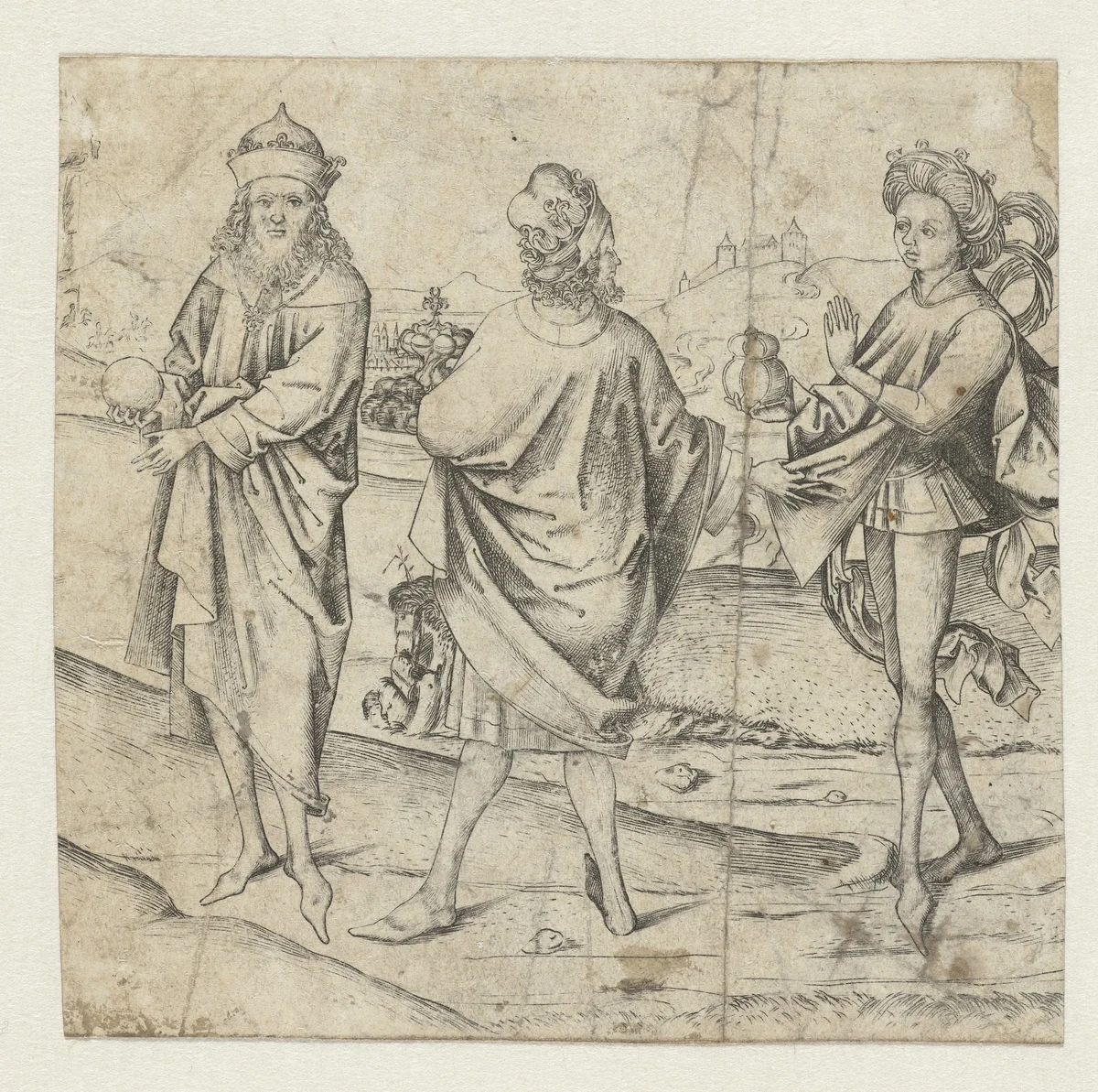 Aanbidding der koningen by Monogrammist AG, print, 1475-1500