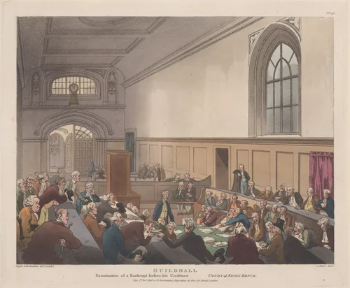 Guildhall, Examination of a Bankrupt before his Creditors by Thomas Rowlandson, print, 1808