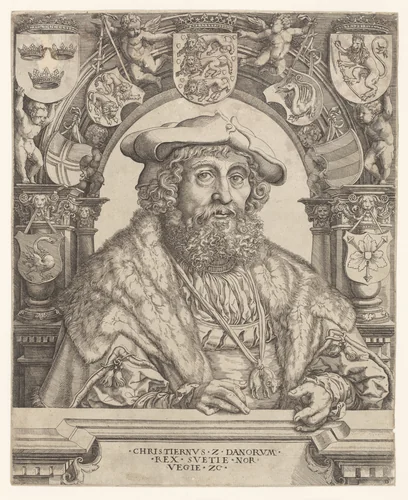 Portret van Christiaan II, koning van Denemarken by Jacob Binck, print, 1510-1569