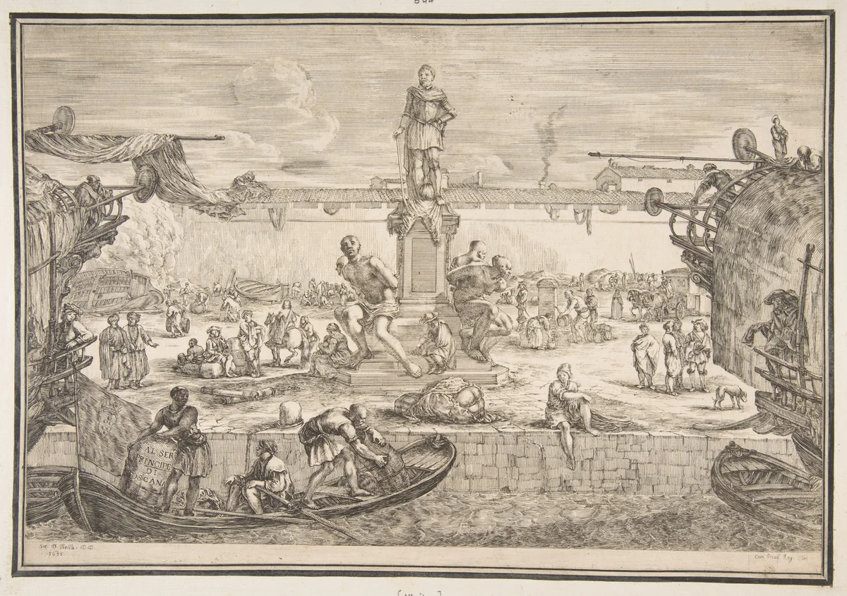 Port of Livorno with Statue of Ferdinand I, from 'Views of the port of Livorno' (Vues du port de Livourne) by Stefano della Bella, print, 1655