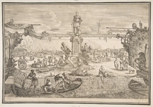 Port of Livorno with Statue of Ferdinand I, from 'Views of the port of Livorno' (Vues du port de Livourne) by Stefano della Bella, print, 1655