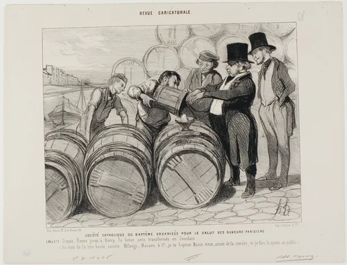 Catholic society of baptism established for all the drunkards of Paris. (Article 1) From Rouen to Bercy the Seine will be transformed into the River Jordan. "In the name of the great society Mélange, Macaire & Co. I baptise you 'old Macon', grand cru of the year of the comet, and the public will stand in line for it," plate 48 from Revue Caricaturale by Honoré-Victorin Daumier, print, 1843