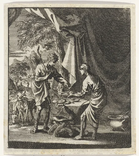 Esau verkoopt zijn eerstgeboorterecht aan Jakob by Jan Luyken, print, 1706