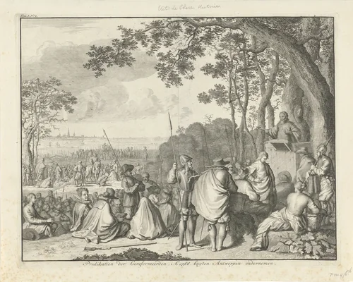 Hagenpreken buiten Antwerpen, 1566 by Jan Luyken, print, 1730-1738
