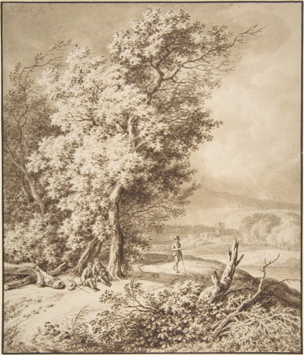 Landscape with Wayfarers by Ferdinand Kobell, drawing, 1740-1799