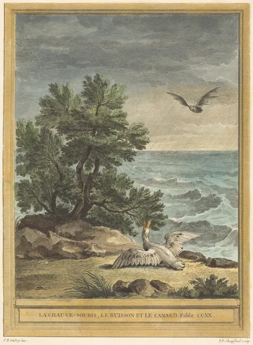 La chauve-souris, le buisson et le canard (The Bat, the Bush, and the Duck) by Pierre-Philippe Choffard; Jean-Baptiste Oudry, print, 1759