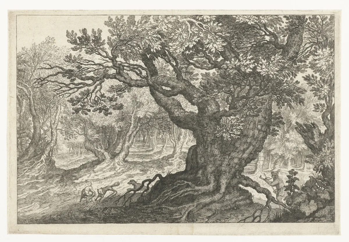 Vossenjacht in een bos by anonymous, print, 1587-1639