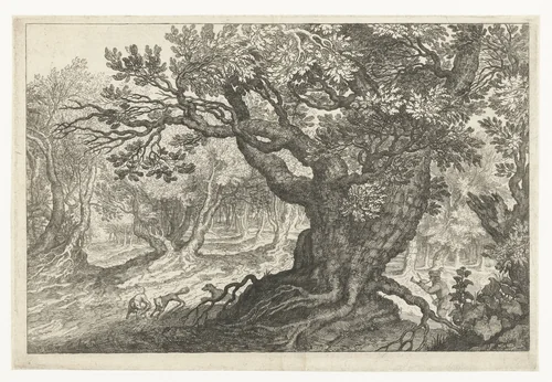 Vossenjacht in een bos by anonymous, print, 1587-1639