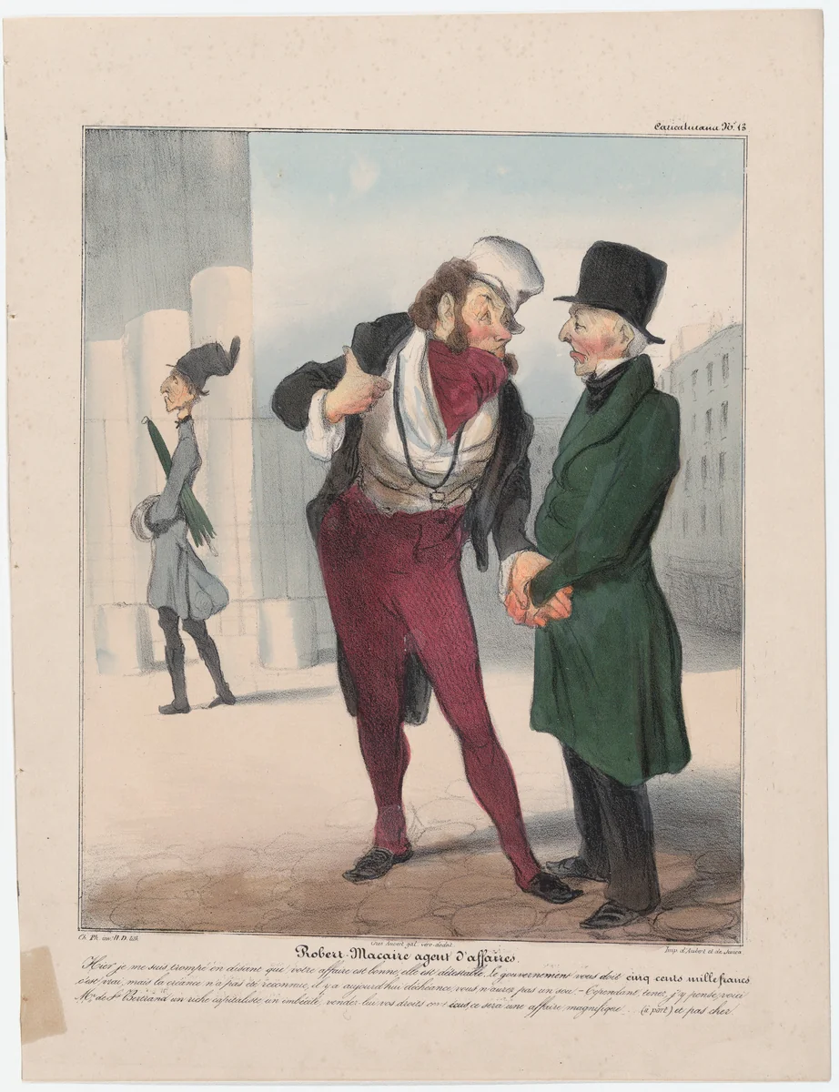 Plate 13: Robert Macaire, business agent, from 'Caricaturana,' published in Les Robert Macaires by Honoré Daumier, print, 1838
