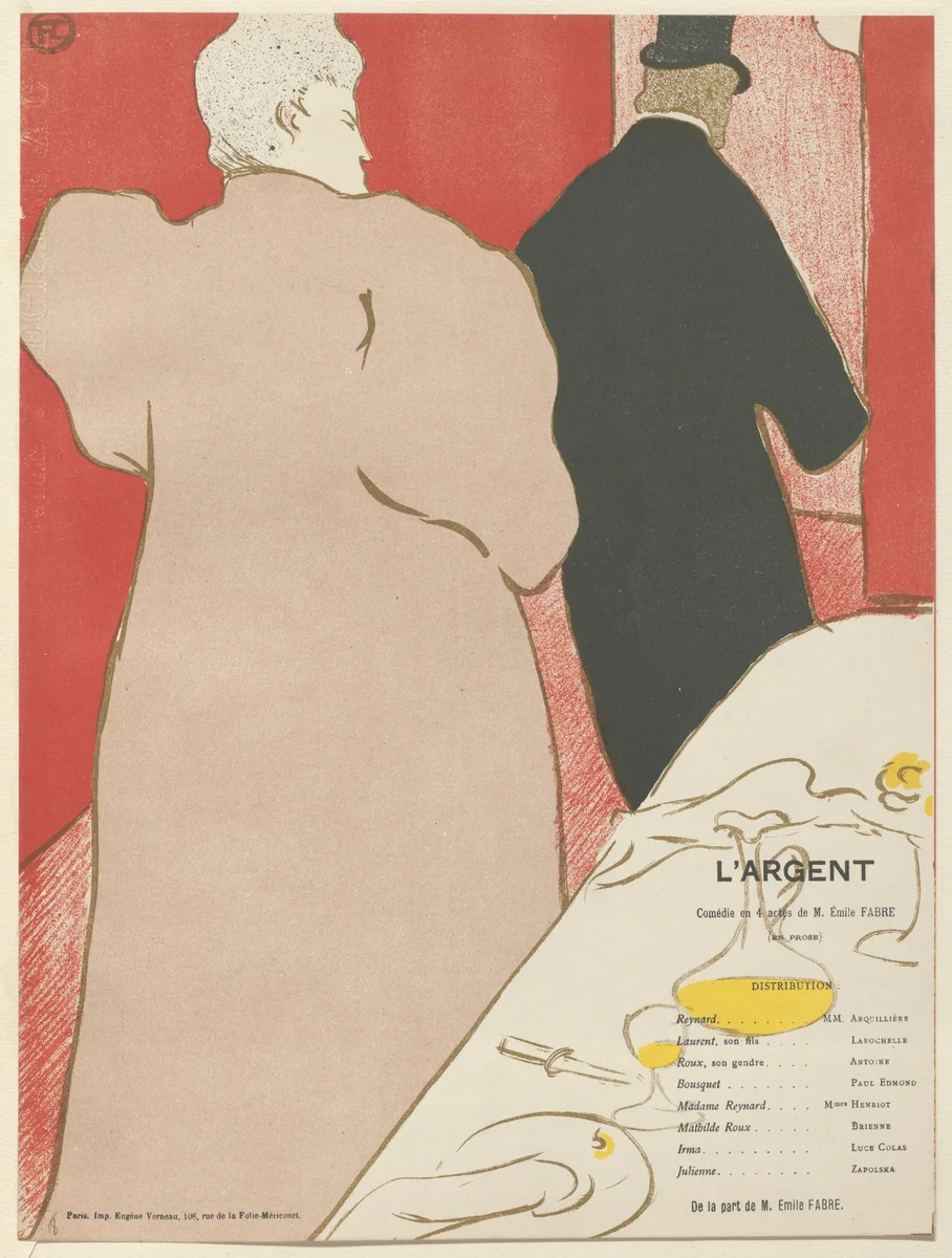 A Gentleman and a Lady (Un Monsieur et une dame), program for Money (L'Argent) from The Beraldi Album of Theatre Programs by Henri de Toulouse-Lautrec, print, 1895