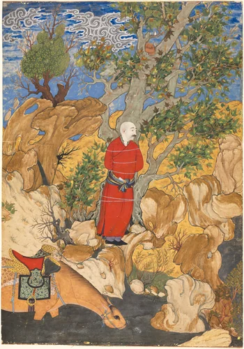 Aulad Tied to a Plane Tree, from a Shahnama by Firdausi by Sadiqi Bek, manuscript, 1575-1600