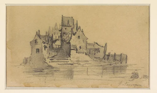 Groepje huizen omringd door water by Eugène François de Block, drawing, 1839