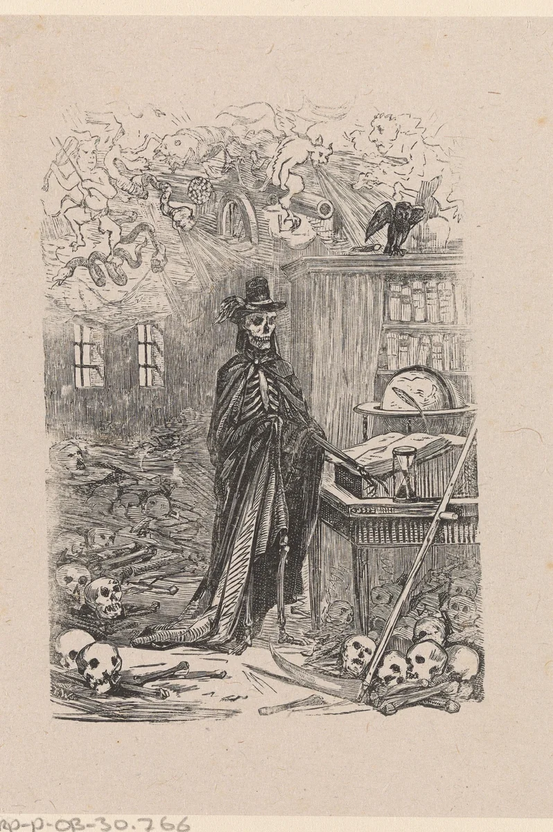 Dood met een cape, een zeis en een zandloper te midden van menselijke botten by Isaac Weissenbruch, print, 1836-1912