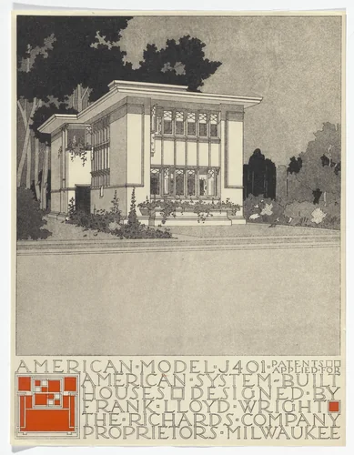 American System-Built Houses for The Richards Company project (Exterior perspective of model J401) by Frank Lloyd Wright, architecture, 1915