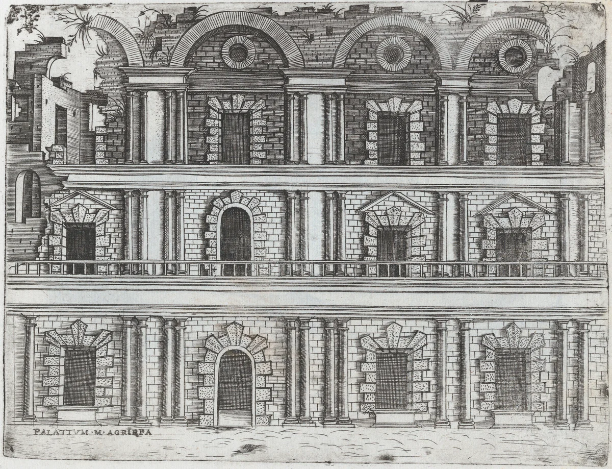 Arcus Vespasiani, from a Series of Prints depicting (reconstructed) Buildings from Roman Antiquity by Monogrammist G.A. with the Caltrop, book, 1530-1550