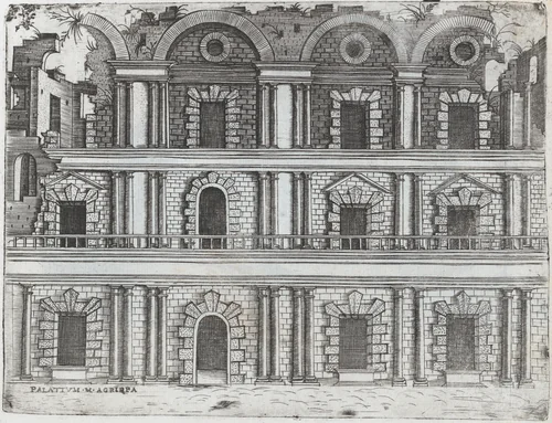 Arcus Vespasiani, from a Series of Prints depicting (reconstructed) Buildings from Roman Antiquity by Monogrammist G.A. with the Caltrop, book, 1530-1550