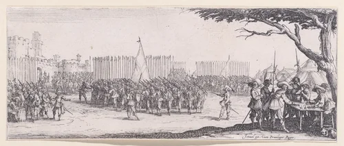 L'Enrolement des Troupes (The Enlistment of Troops), plate 2 from "Les Misères et les Mal-Heures de la Guerre" (The Miseries and Misfortunes of War) by Jacques Callot, print, 1633