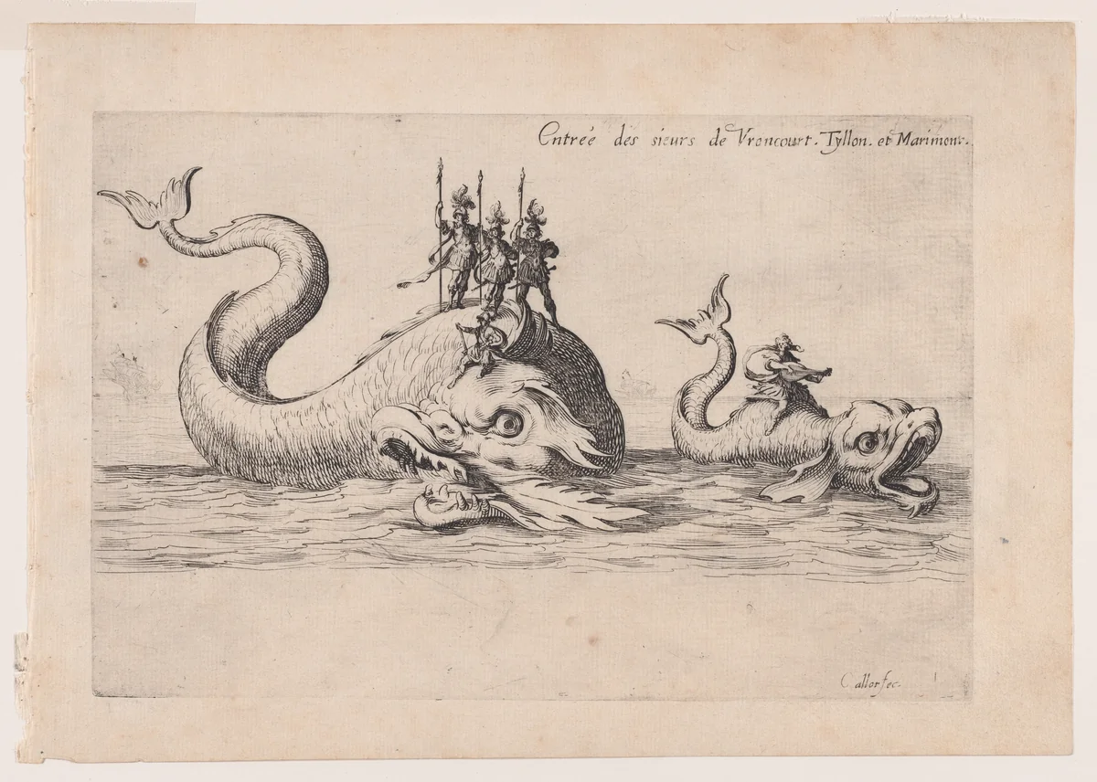 Entrée de MM. de Vroncourt, Tyllon, et Marimont (Entrances of Monsieur de Vroncourt, of Monsieur de Tyllon, and Monsieur de Marimont), from Le Combat a la Barrière in the Palace at Nancy by Henri Humbert, printed by Sebastien Phillipe by Jacques Callot, print, 1627