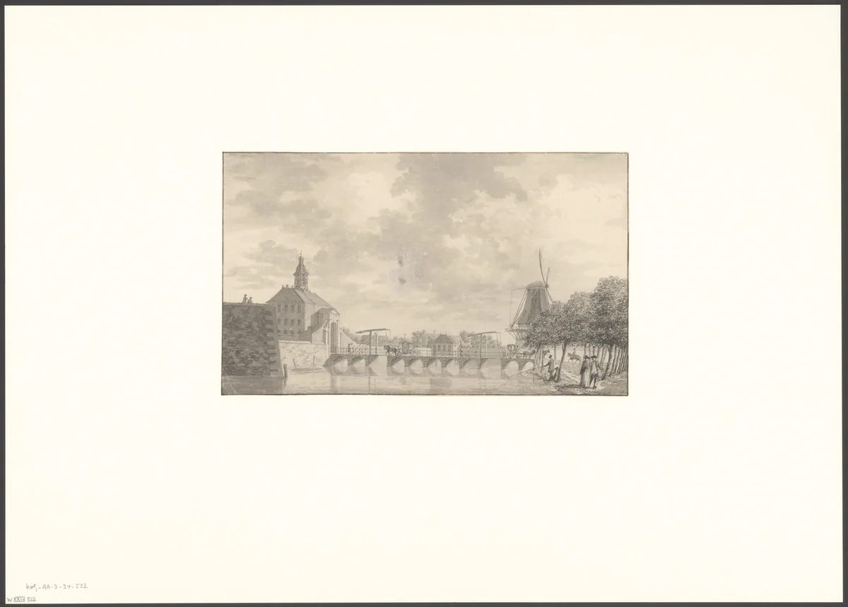 Gezicht op de oude Muiderpoort en molen De Ruiter vanaf het Singel by anonymous, drawing, 1700-1769