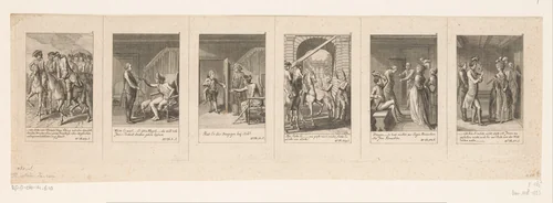Zes voorstellingen uit Müller's Siegfried von Lindenberg by Daniel Nikolaus Chodowiecki, print, 1783