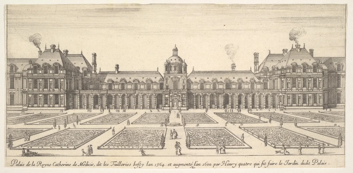 The palace of Catherine de Medici, called the Tuilleries, from "Various views of remarkable places in Italy and France" (Diverses vues d'endroits remarquables d'Italie et de France) by Stefano della Bella, print, 1649-1651