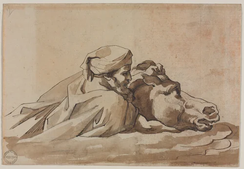 Man Clutching a Horse in Water, after Poussin's "Deluge" (recto) by Théodore Géricault, drawing, 1811-1821