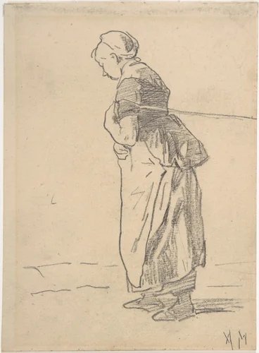 Woman pulling a tow rope. verso: sketch of landscape with figures by Anton Mauve, drawing, 1853-1888
