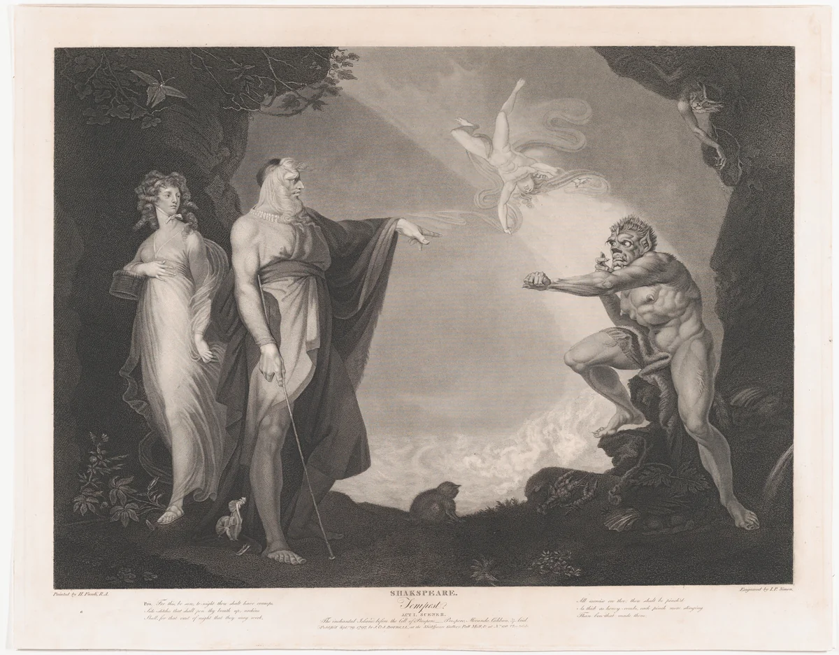 The Enchanted Island Before the Cell of Prospero - Prospero, Miranda, Caliban and Ariel (Shakespeare, The Tempest, Act 1, Scene 2) by Peter Simon, print, 1797-1852