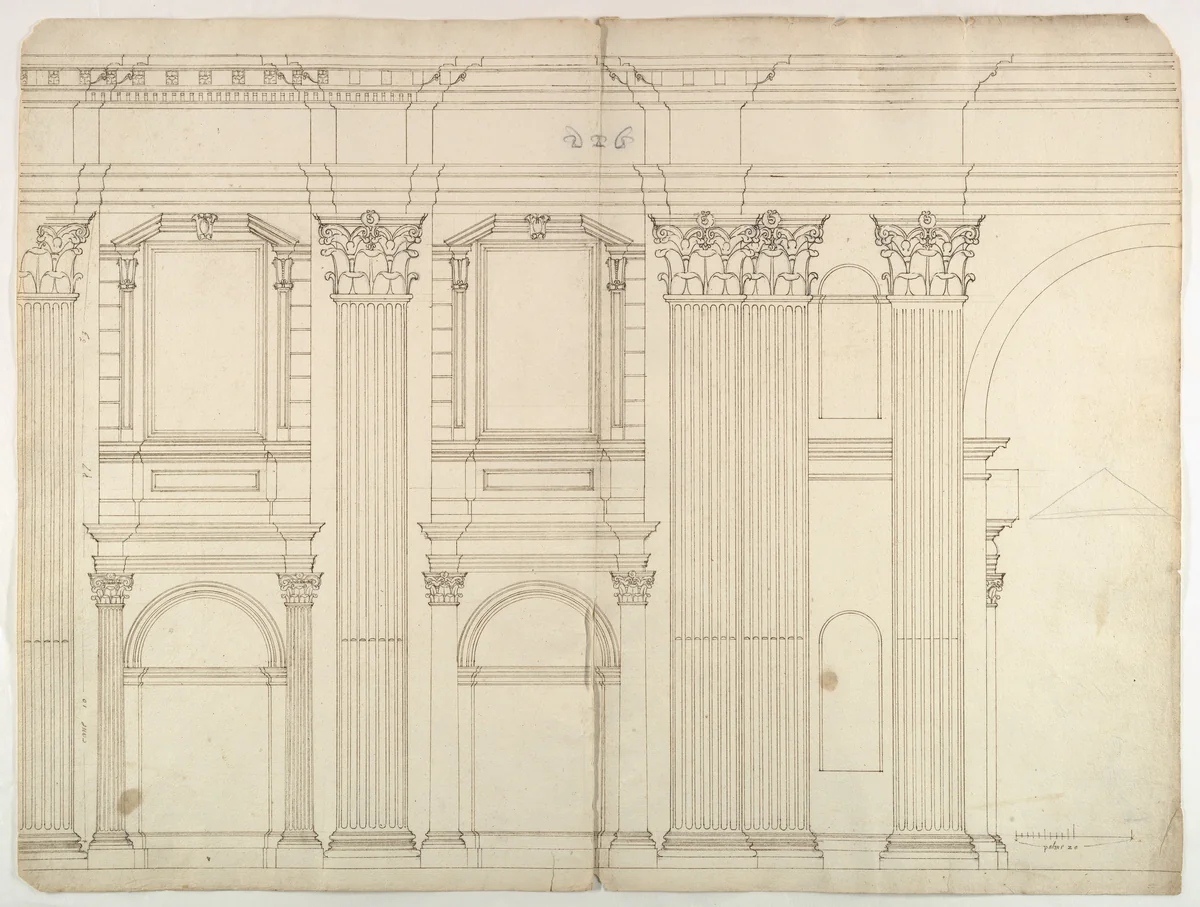 Saint Peter's, apse, exterior elevation (recto) blank (verso) by anonymous, drawing, 1500-1560