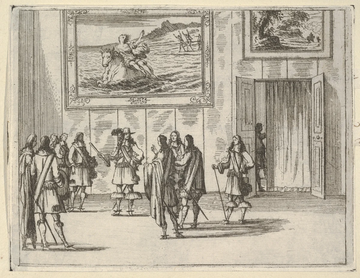 Francesco I d'Este Receives the General of the French King's Army in Italy, depicted in a room beneath The Rape of Europa, from "L'Idea di un Principe ed Eroe Cristiano in Francesco I d'Este, di Modena e Reggio Duca VIII [...]" by Bartolomeo Fenice, print, 1659