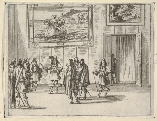 Francesco I d'Este Receives the General of the French King's Army in Italy, depicted in a room beneath The Rape of Europa, from "L'Idea di un Principe ed Eroe Cristiano in Francesco I d'Este, di Modena e Reggio Duca VIII [...]" by Bartolomeo Fenice, print, 1659