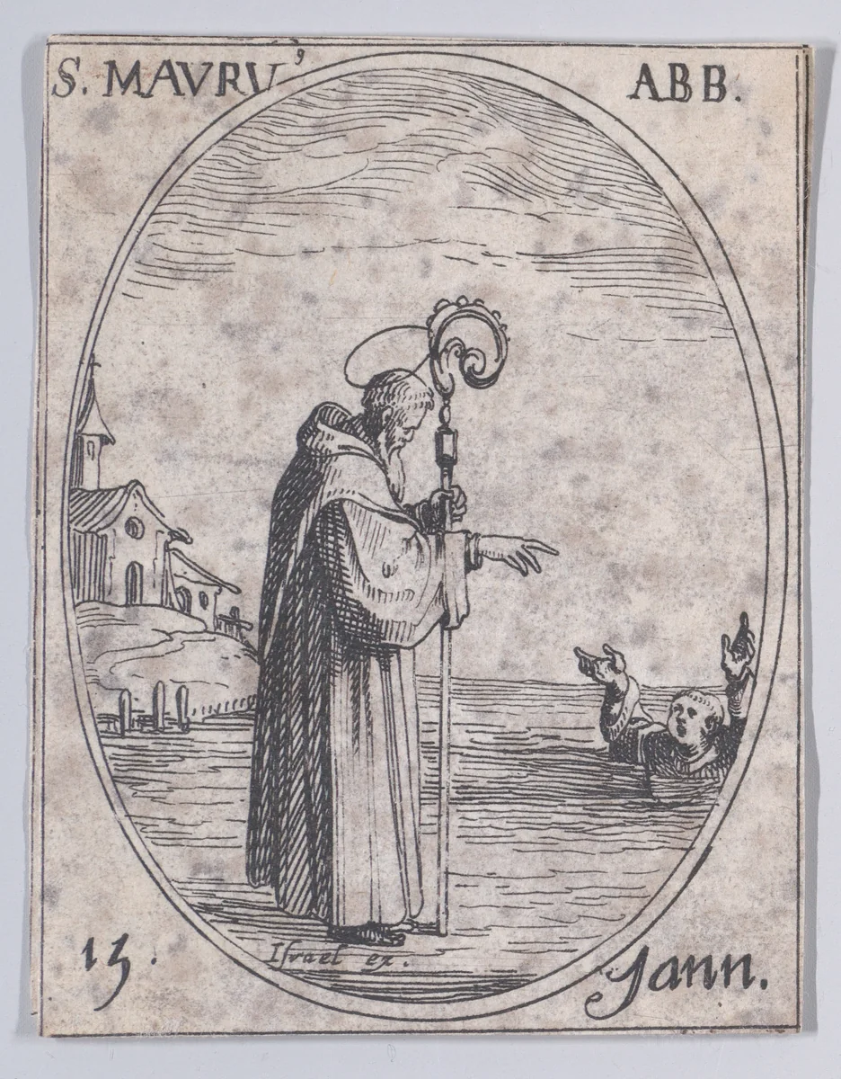 S. Maur, abbé (St. Maurus, Abbot), January 15th, from "Les Images De Tous Les Saincts et Saintes de L'Année" (Images of All of the Saints and Feast Days of the Year) by Jacques Callot, print, 1636