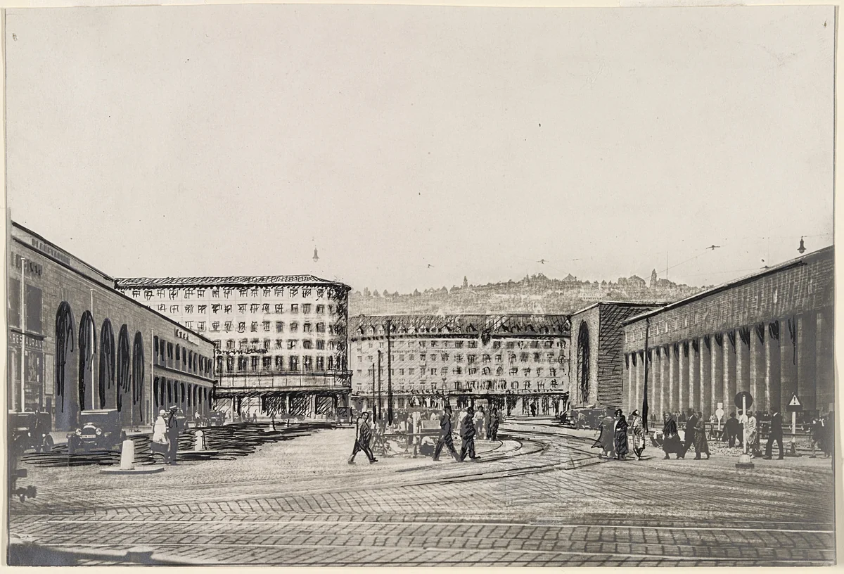 Bank and Office Building, project, Stuttgart, Germany, Perspective by Adolf Abel, architecture, 1928